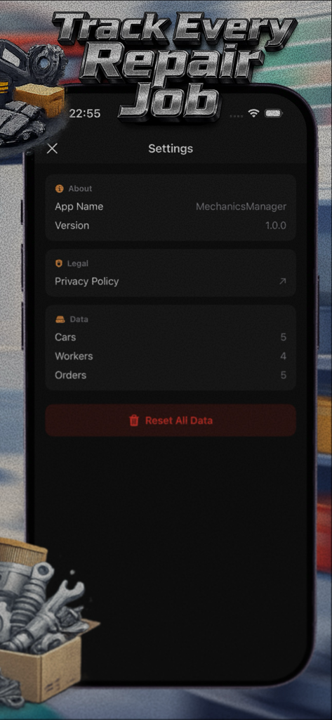 Mechanics Manager - Mechanics Manager app settings screen showing repair shop data overview