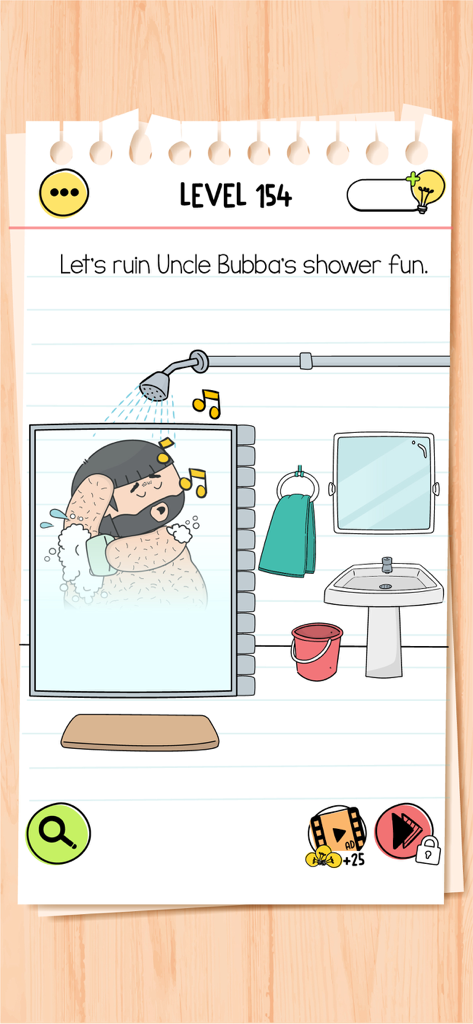 Puzzle level in Brain Test 4 where a man named Uncle Bubba is singing in the shower.