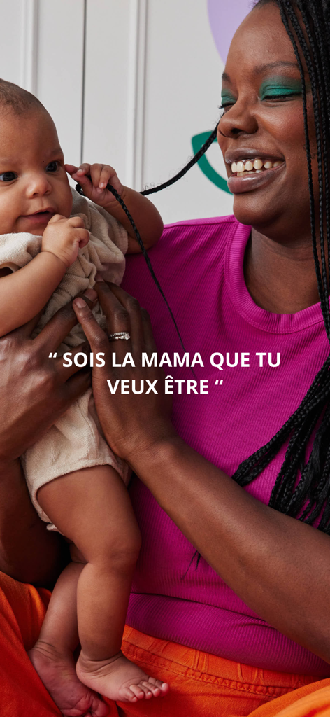 A smiling woman holding her baby with a French quote about motherhood.