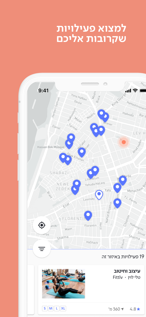 move - Un'interfaccia di mappa cittadina all'interno dell'app Move che mostra molteplici località di fitness e benessere contrassegnate con indicatori blu.