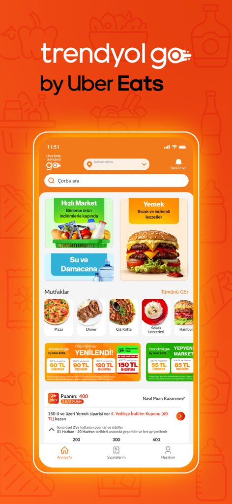 Trendyol Go app home screen with food and grocery delivery categories
