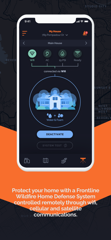 Frontline Wildfire Tracker - Smartphone screen displaying the Frontline Wildfire Defense app dashboard for remote home protection control.