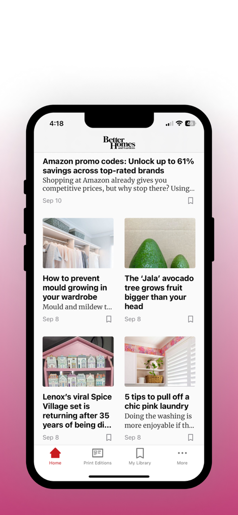 Better Homes and Gardens app home screen with articles on home maintenance gardening and decor