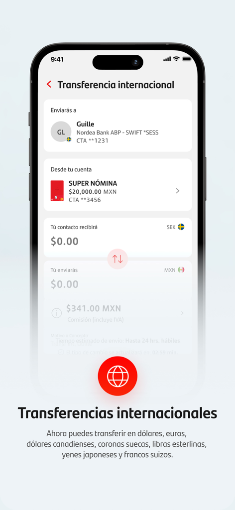 Pantalla de la aplicación móvil Santander SuperMóvil mostrando opciones de transferencia de dinero internacional en múltiples divisas