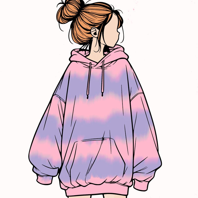 realistic girl with a oversized sweatshirt on and a bun