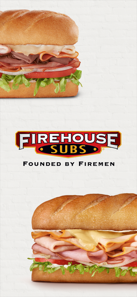 Firehouse Subs Logo und zwei Sub-Sandwiches auf weißem Ziegelhintergrund