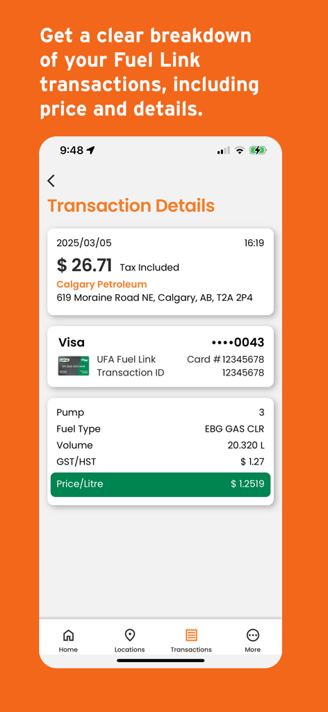 UFA app transaction screen showing fuel price and volume details.