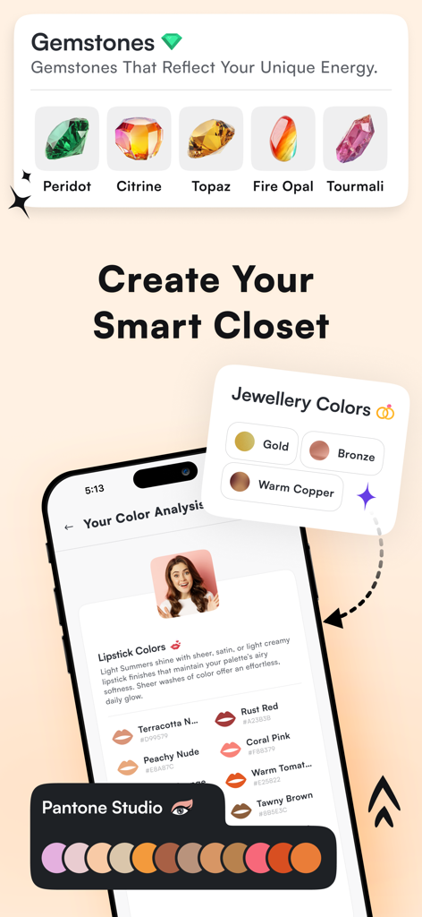 Personalized color palettes for gemstones jewelry and lipstick in the StyleIt AI app