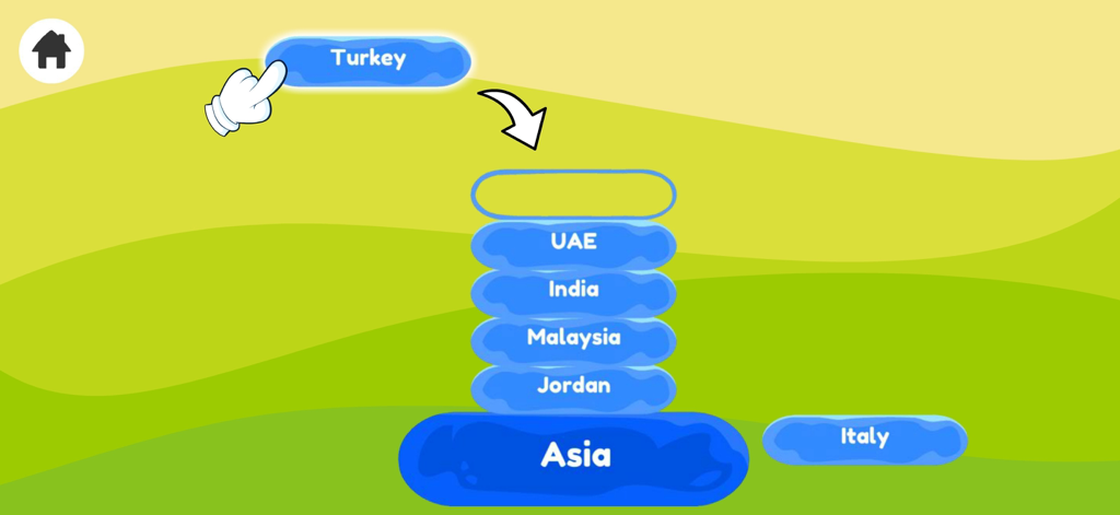 Geography Games for Kids - A children's educational game screen showing country blocks being stacked onto a continent base labeled Asia.