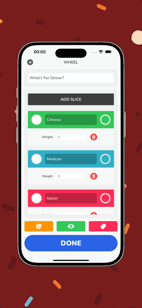 Wheel Of Names - Picker Wheel - Schermata dello smartphone che mostra la personalizzazione di una ruota decisionale per le opzioni della cena