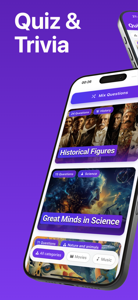 Quiz from Quizery - Pantalla de la aplicación Quiz de Quizery mostrando categorías de trivia como Historia y Ciencia