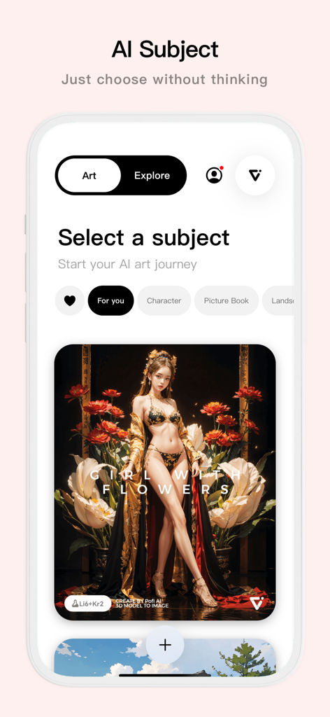 Pantalla de la app móvil para Pofi AI que muestra una interfaz de selección de sujeto con una imagen IA generada de una mujer y flores