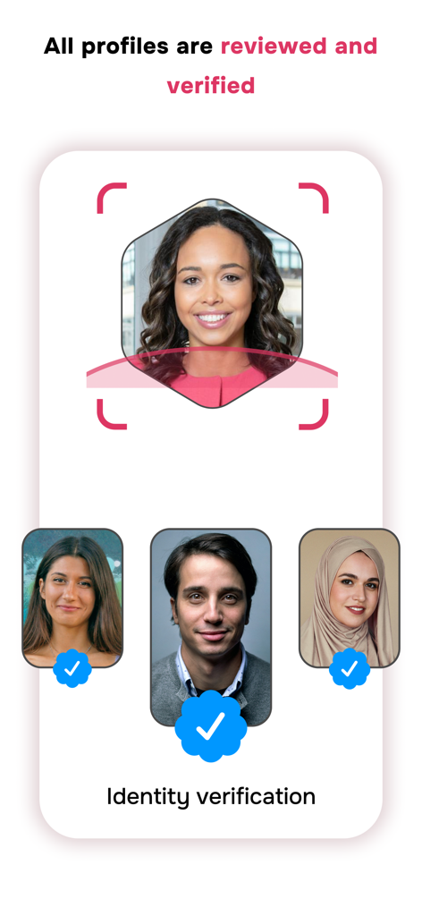 Screenshot of Muslimeet app showing identity verification feature with verified user profiles and blue checkmarks.
