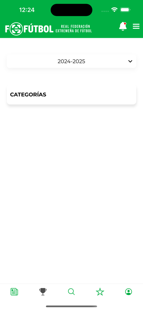 Pantalla principal de la aplicación FEXFUTBOL que muestra categorías de fútbol y selección de temporada para el fútbol regional español
