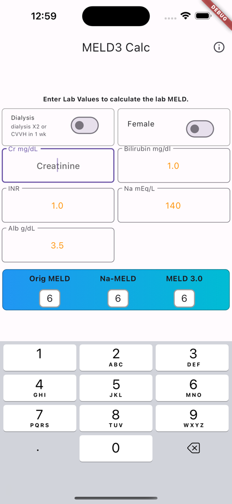 MELD Calculator app interface showing lab value inputs and clinical scores for Original MELD Na-MELD and MELD 3.0