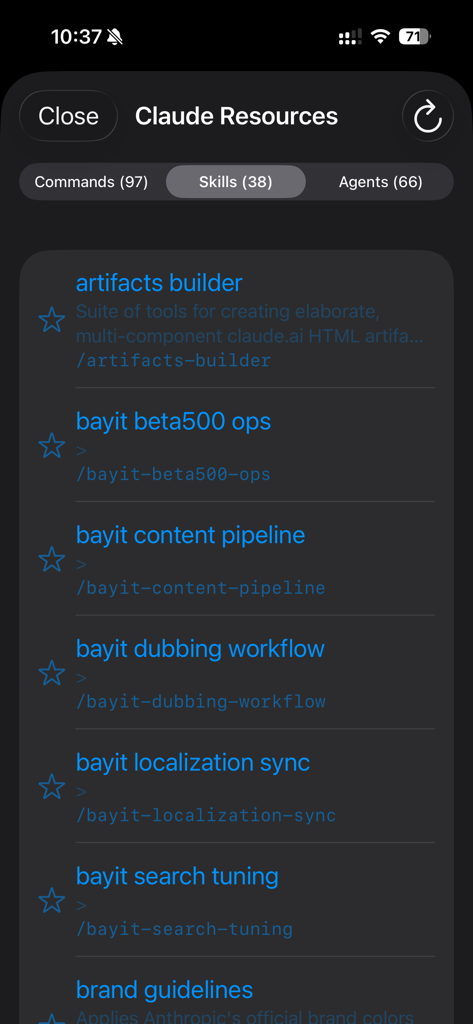 Claudette Mobile - The skills browser tab in the Claudette Mobile app displaying various developer tools