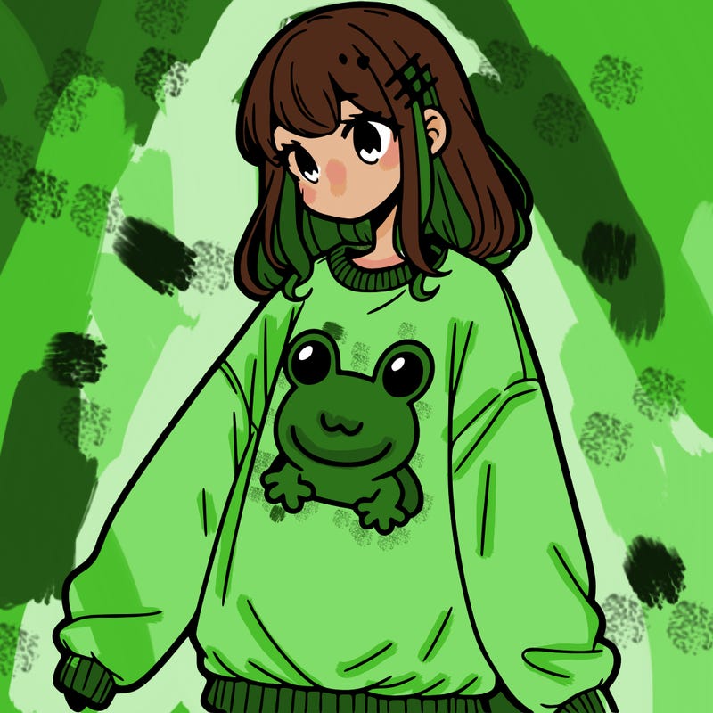 girl wearing frogging sweatshirt