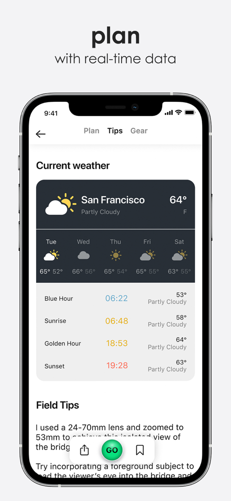 Explorest app interface showing real-time weather and golden hour data for photography planning