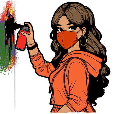 realistic girl with mask spray painting a wall