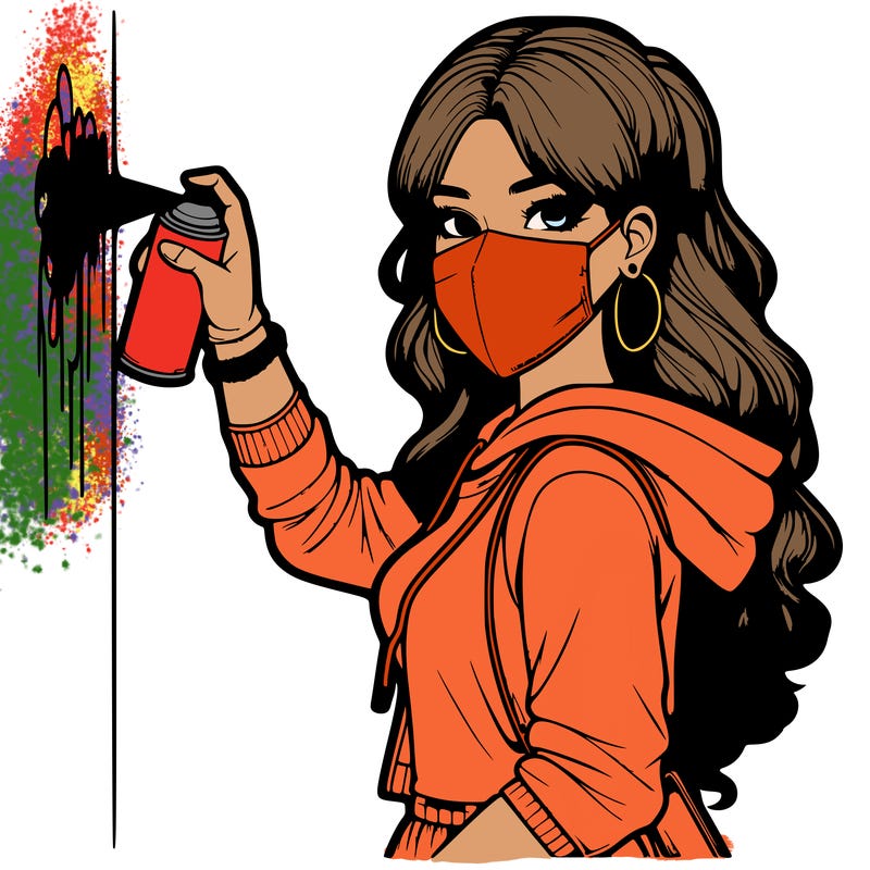 realistic girl with mask spray painting a wall