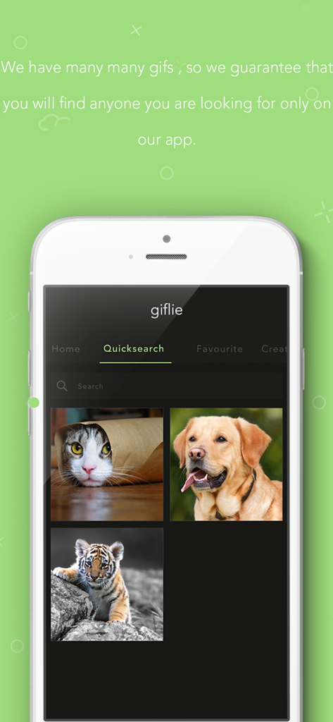 For Whatsapp - Funny gif gifs - Interface of the giflie app showing a search screen with funny animal gifs including a cat, dog, and tiger