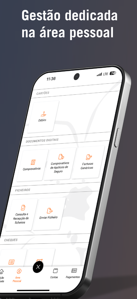 Interfaccia dell'app BFA Net Empresas che mostra l'area personale per la gestione di carte di debito, documenti digitali e trasferimenti di file