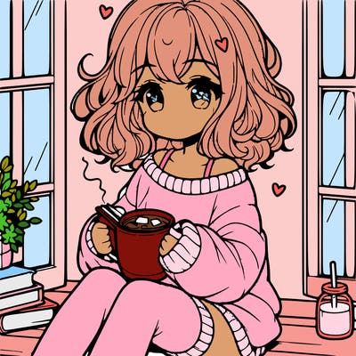 cute anime girl reading book and drinking hot chocolate from mug with loose wavy hair wearing a baggy sweatshirt and shorts sitting by windowsill looking out