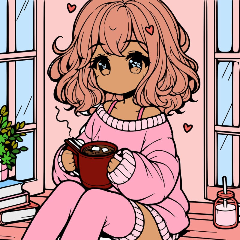cute anime girl reading book and drinking hot chocolate from mug with loose wavy hair wearing a baggy sweatshirt and shorts sitting by windowsill looking out