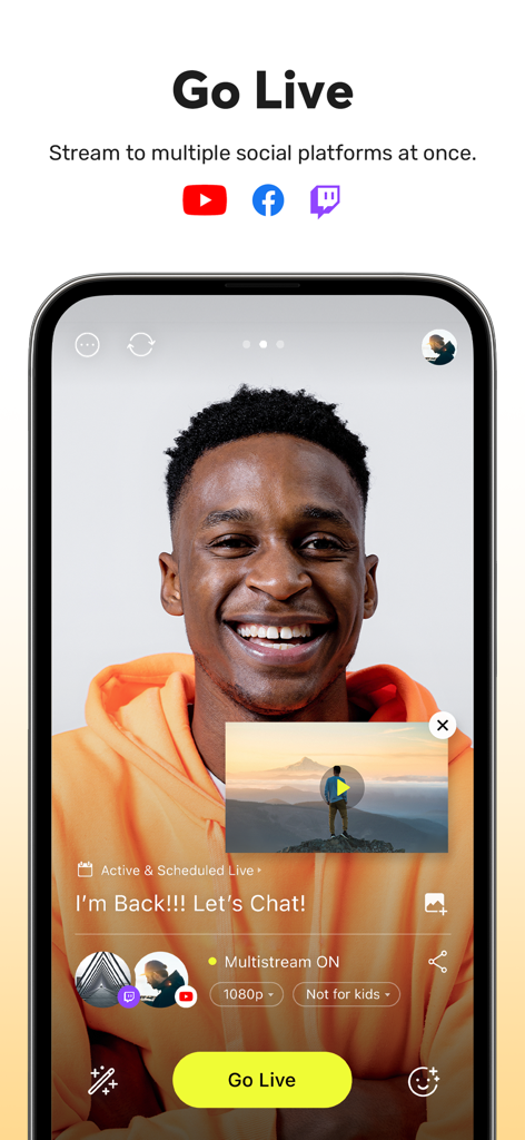 PRISM: Live Streaming App - PRISM Live app interface showing multicasting options to YouTube Facebook and Twitch with a Go Live button