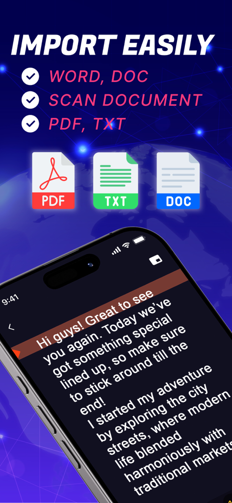 Teleprompter Camera - Pantalla de la aplicación Teleprompter que muestra opciones de importación de guiones para archivos de Word, PDF y TXT.