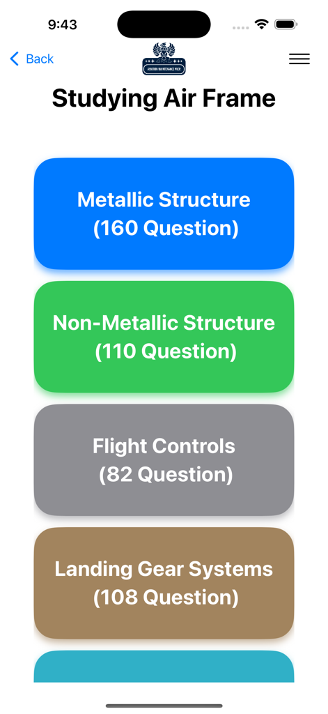 Prepare Aviation Maintenance - 航空機整備アプリの画面。金属構造や操縦翼面などのFAA航空機関連の学習カテゴリが表示されています。