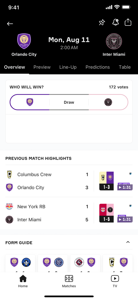 OneFootball app match overview for Orlando City versus Inter Miami with a win prediction poll.