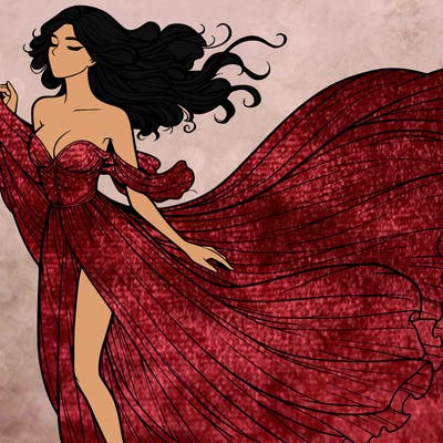 realistic woman in dress flowing the the wind