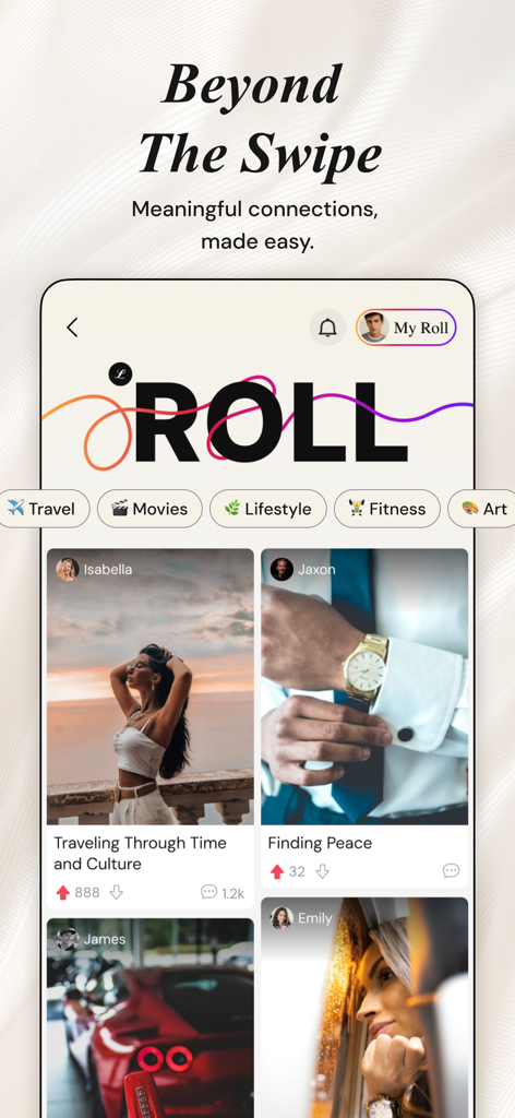 Luxy - Selective Dating App - Interfaz de la aplicación Luxy mostrando la función 'Roll' con publicaciones de estilo de vida de lujo de miembros adinerados