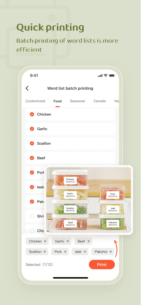 NIIM - NIIM App-Oberfläche, die den Stapeldruck von Etiketten für Meal-Prep- und Lebensmittelorganisation-Behälter zeigt