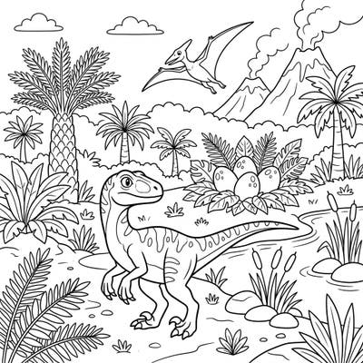 Dive into the Jurassic era with this captivating Velociraptor habitat coloring page, perfectly designed for young explorers. Bring to life a vibrant prehistoric landscape filled with ancient plants, towering volcanoes, and a friendly dinosaur.