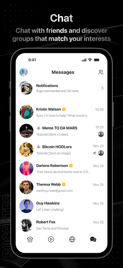 Socrates - Pantalla de chat de la aplicación Sócrates que muestra una lista de chats, incluidos grupos de criptomonedas y memes.