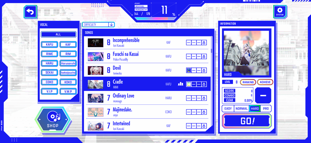 KAMITSUBAKI CITY ENSEMBLE - Song selection menu in KAMITSUBAKI CITY ENSEMBLE rhythm game featuring a track list and difficulty settings.