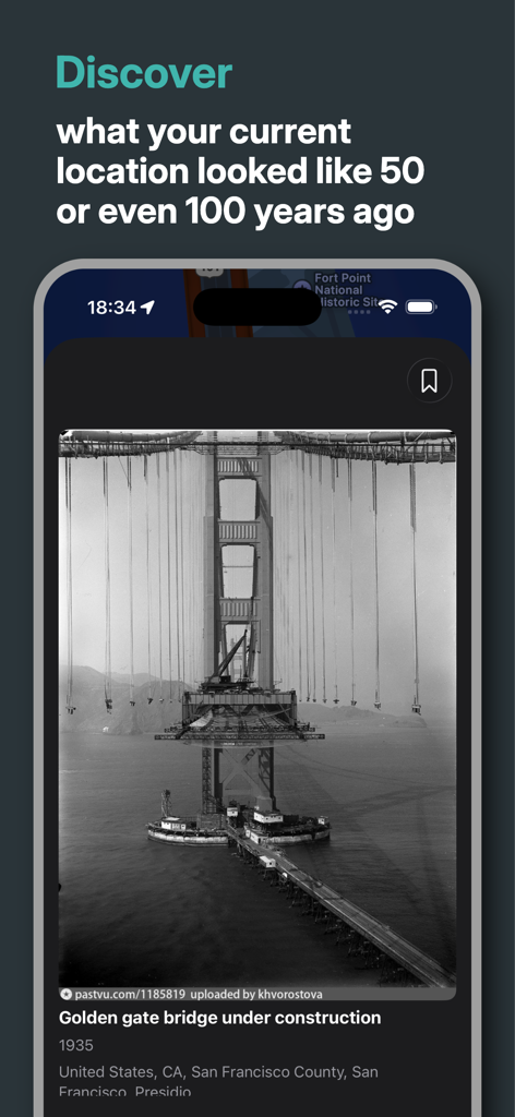 PastVu map - PastVu map app showing a historical photo of the Golden Gate Bridge under construction in 1935