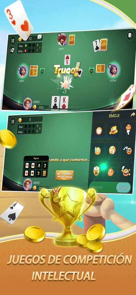 Truco Juntos - Screenshot of Truco Juntos mobile game showing a 2v2 card match interface and a gold trophy for winners