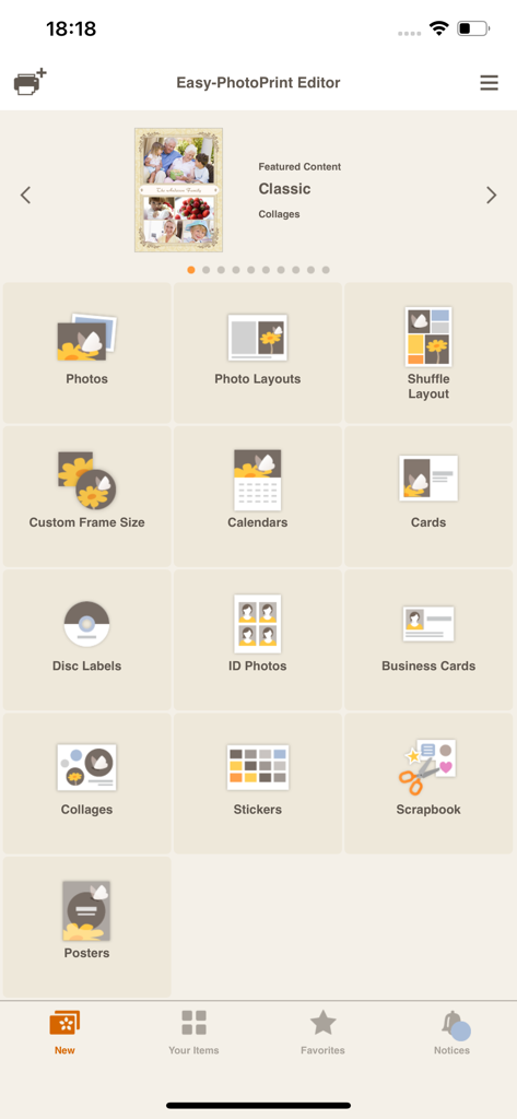 Easy-PhotoPrint Editor - Main menu of the Easy PhotoPrint Editor app displaying various print categories including photos calendars and business cards