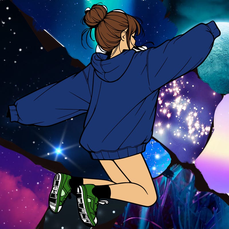 realistic girl jumping with a bun and oversized sweatshirt