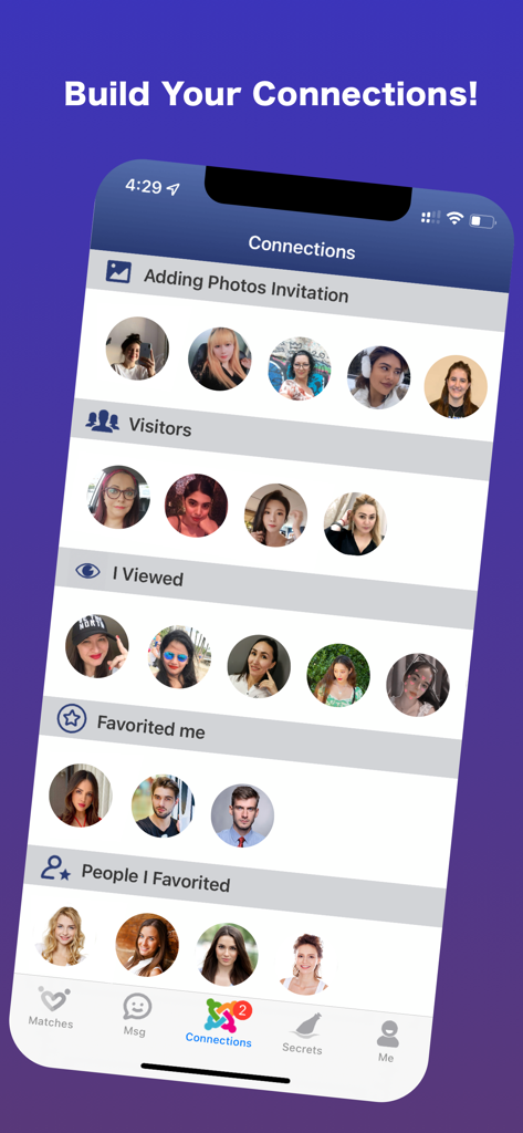 Sweet Dating for Adult Singles - Sweet dating app screen showing user connections including visitors and profile favorites