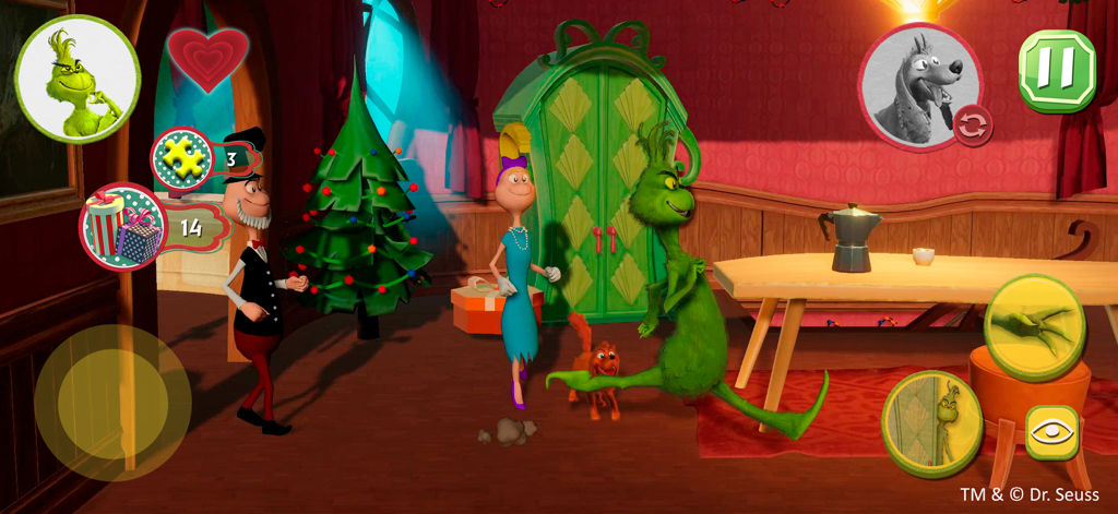 The Grinch - The Grinch sneaking past Whos in a festive room with a Christmas tree and game UI elements