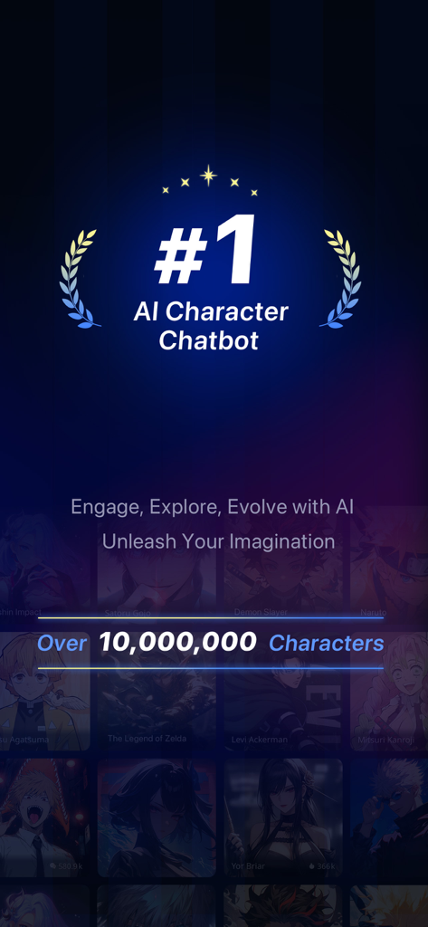 PolyBuzz AI Character Chatbot promotional screen highlighting over 10 million characters with a grid of anime characters