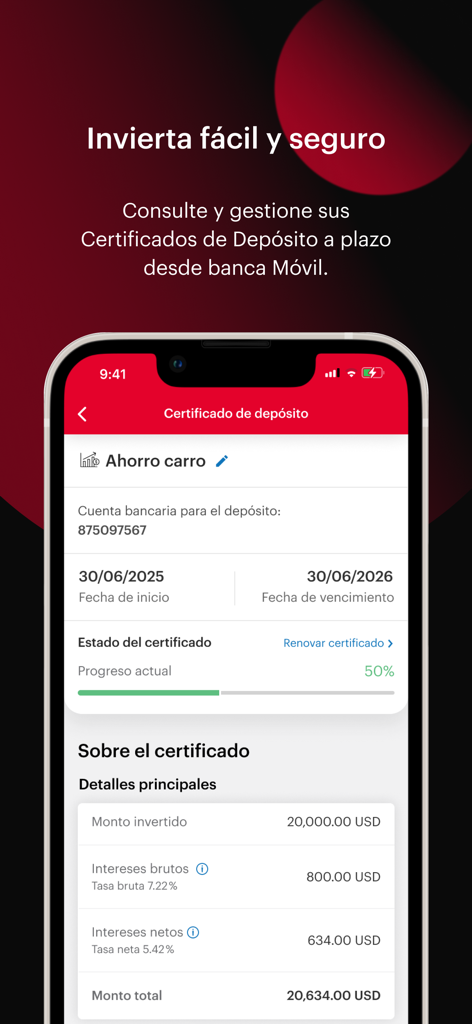 Pantalla de la aplicación móvil Banca Movil BAC que muestra los detalles de un certificado de depósito a plazo fijo para ahorros de automóviles