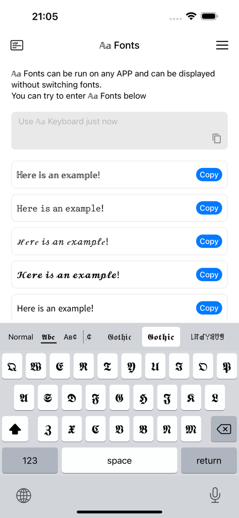 Aa Fonts Keyboard - Cool Tags - Interface of the Aa Fonts Keyboard app displaying different text styles and a custom Gothic font keyboard layout.