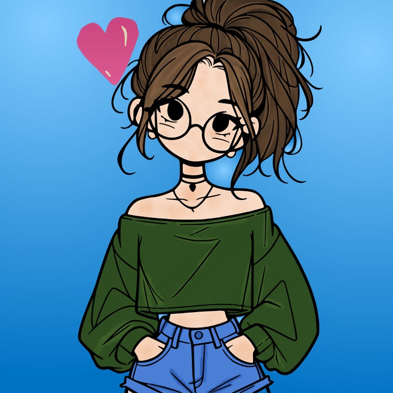 girl with a messy ponytail glasses a baggy crop top and jean shorts