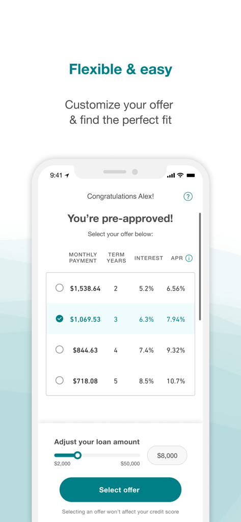 Prosper app interface showing pre-approved personal loan offers with adjustable amounts and term options