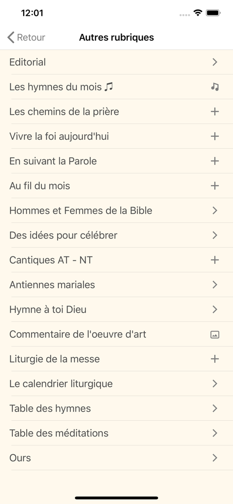 Interfaz del menú de la aplicación Magnificat Edición francesa que muestra varias secciones litúrgicas y espirituales